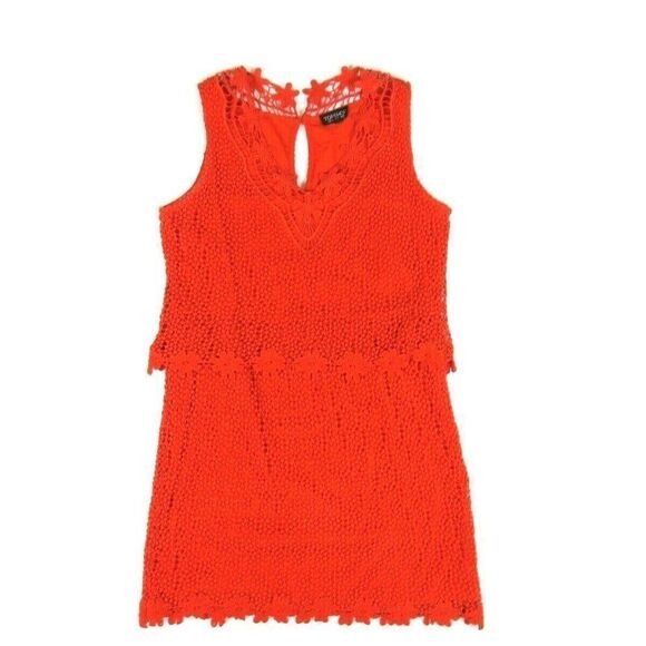 TOPSHOP Dress Floral Crochet Orange Lined V-Neck Mini Sleeveless Women's Size 4 - Picture 1 of 10